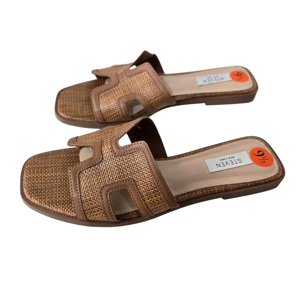 Steven‎ NY Size 9.5 Slide Sandals Brown Woven Raffia Square Toe H-Strap #1068